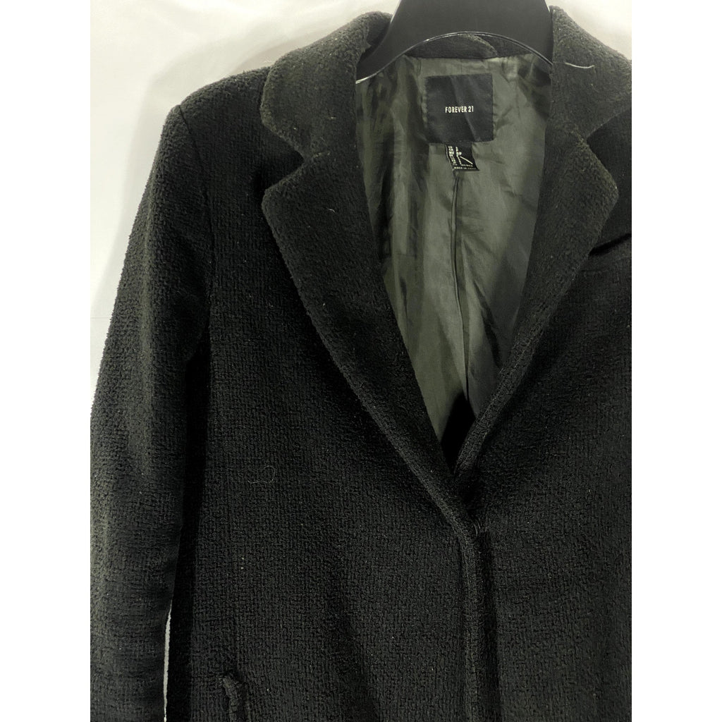 FOREVER 21 Women's Black Textured Notch-Collar Snap-Button Coat SZ S