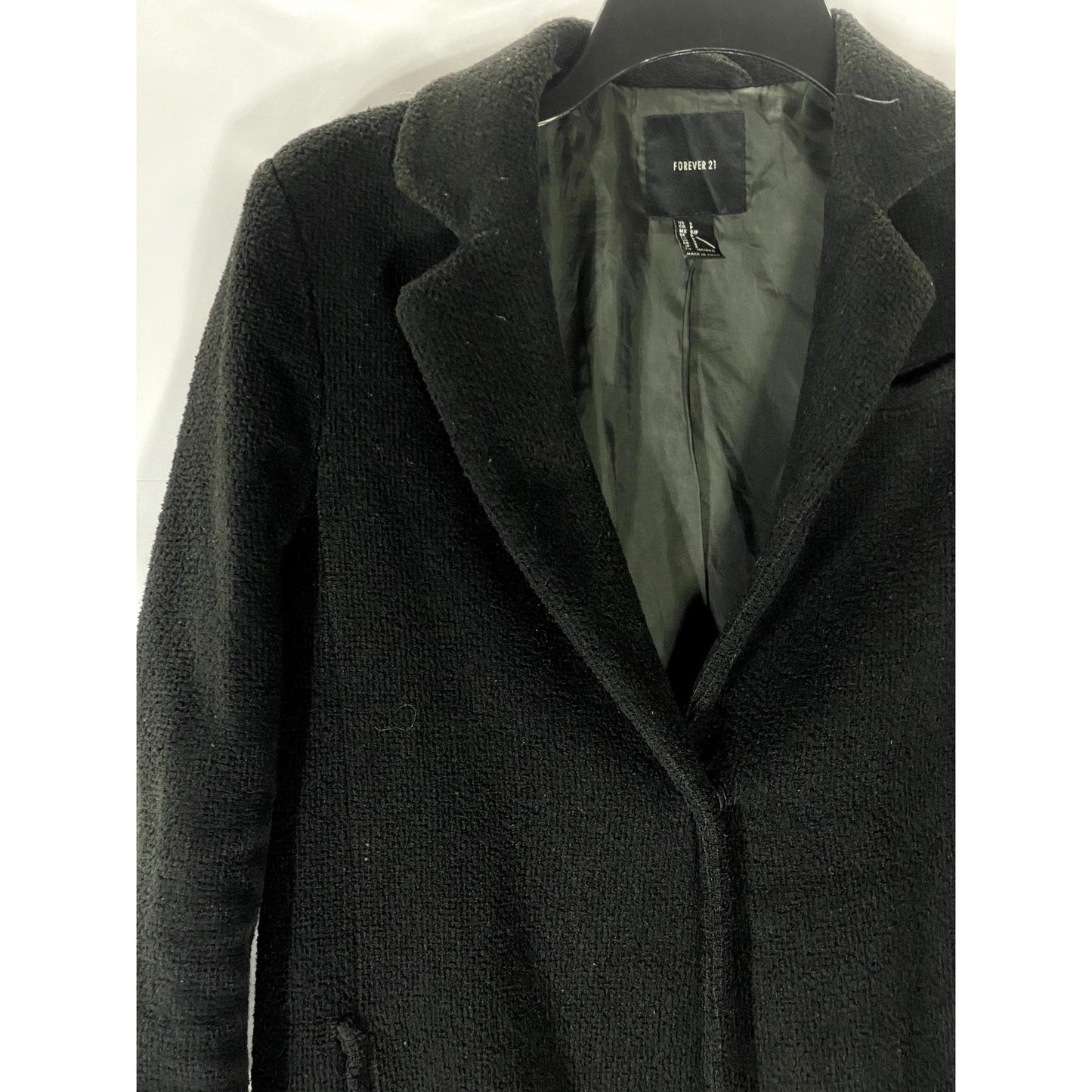 FOREVER 21 Women's Black Textured Notch-Collar Snap-Button Coat SZ S