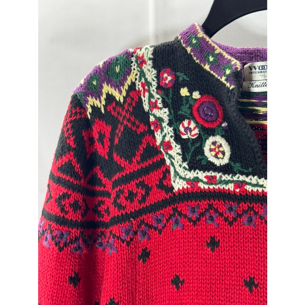 WOODSTOCK INTERNATIONAL BY BERNARD Women's Red/Multi Vintage Knit Sweater SZ 36