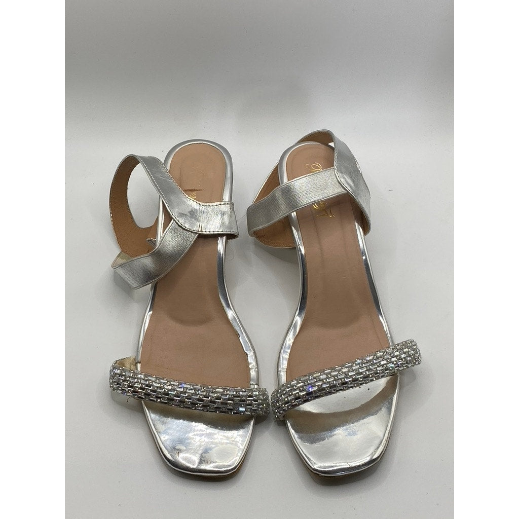 PATTERNZ Women's Silver Rhinestone Open-Toe Ankle-Strap Block Heel Sandals SZ 7