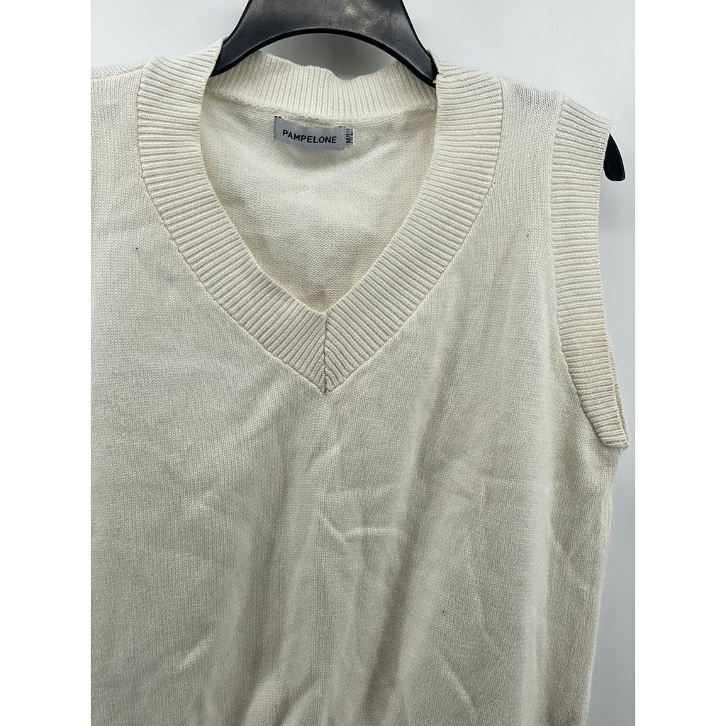 PAMPELONE Women's White Solid Knit V-Neck Sleeveless Sweater Vest SZ M/L