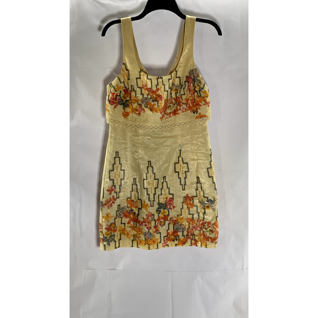 FREE PEOPLE Women's Tan-Orange Crochet Trim Straight-Neck Sleeveless Dress SZ 4