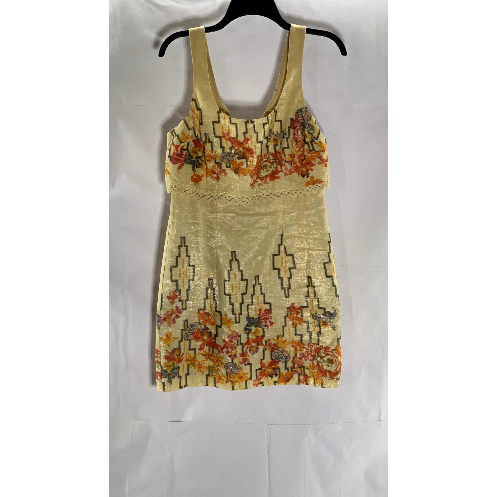 FREE PEOPLE Women's Tan-Orange Crochet Trim Straight-Neck Sleeveless Dress SZ 4