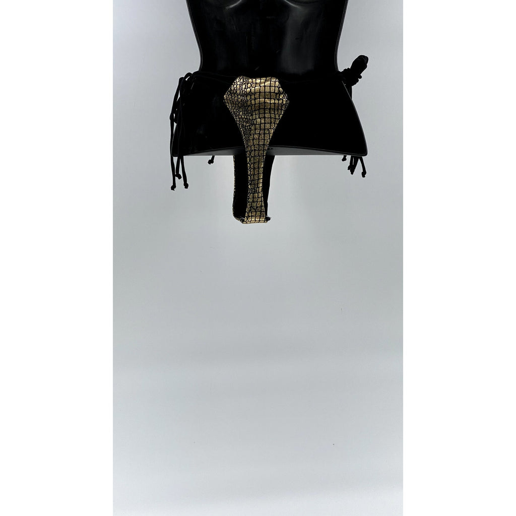 SHEIN Women's Black-Gold Snake Skin Strappy Side-Tie Bikini Bottom SZ L
