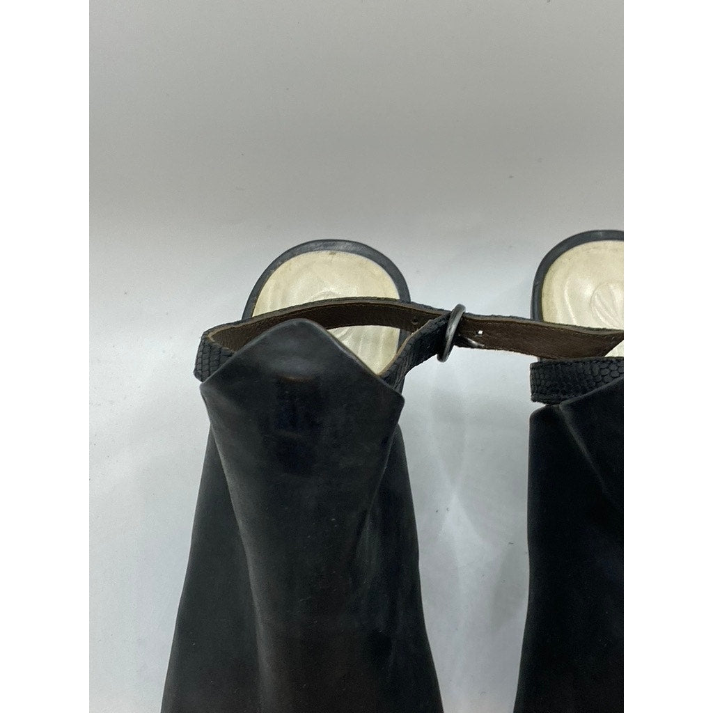 COCLICO Women's Black Leather Square Peep-Toe Heeled Sandals SZ 38.5(US8.5)