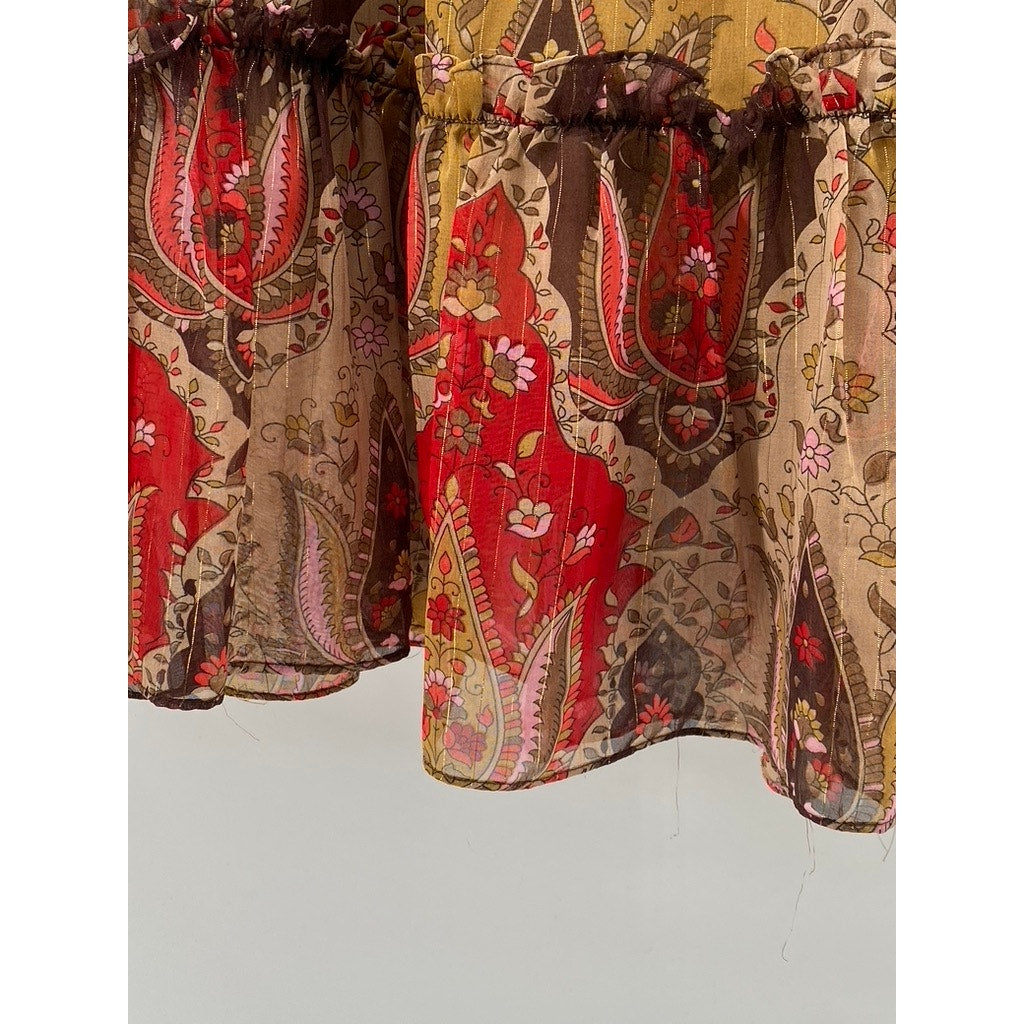 ZERO ZERO Women's Red-Tan Printed Tiered A-Line Knee Length Skirt SZ M