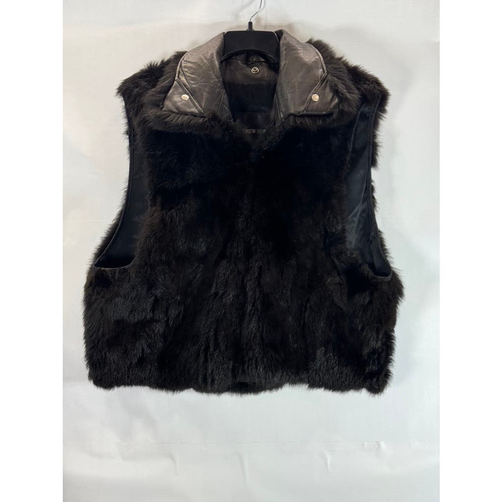 ANDREW MARC Women's Opossum Fur Leather Trim Bomber Zip Vest SZ L