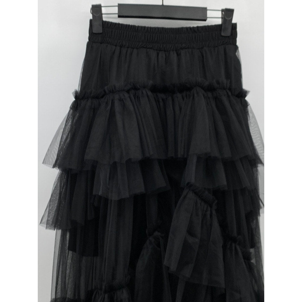 BEULAHSTYLE Women's Black Ruffle Mesh Tiered Midi Skirt SZ S