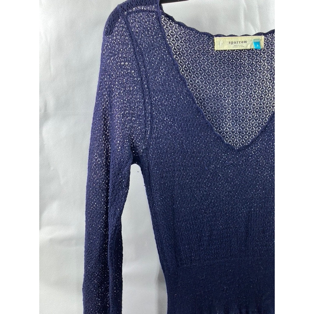 SPARROW Women's Navy Wool-Blend Crochet Knit V-Neck Long Sleeve Midi Dress SZ S