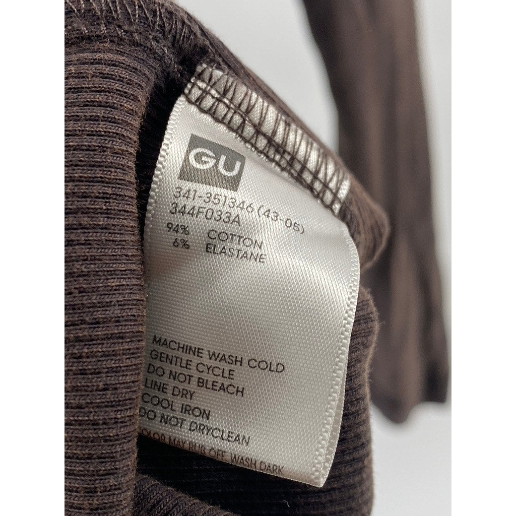 GU Men's Dark Brown Ribbed Crewneck Washed Slim-Fit Long Sleeve T-Shirt SZ L