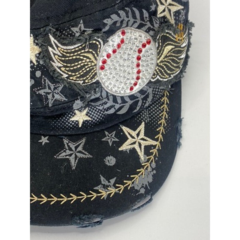 L.O.G.A Women's Black Distressed Rhinestone Baseball Mom Hat OS