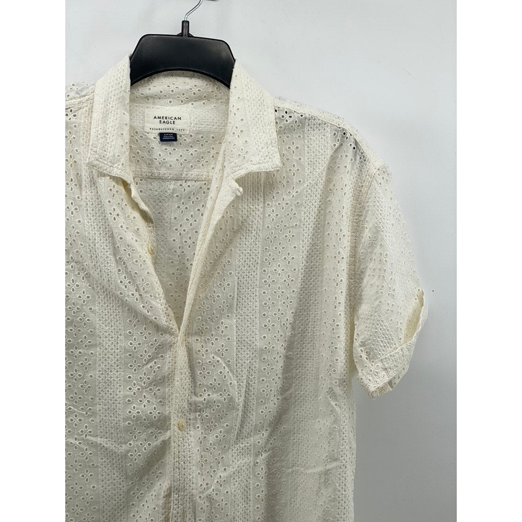 AMERICAN EAGLE Men's Off-White Eyelet Button-Up Short Sleeve Shirt SZ S