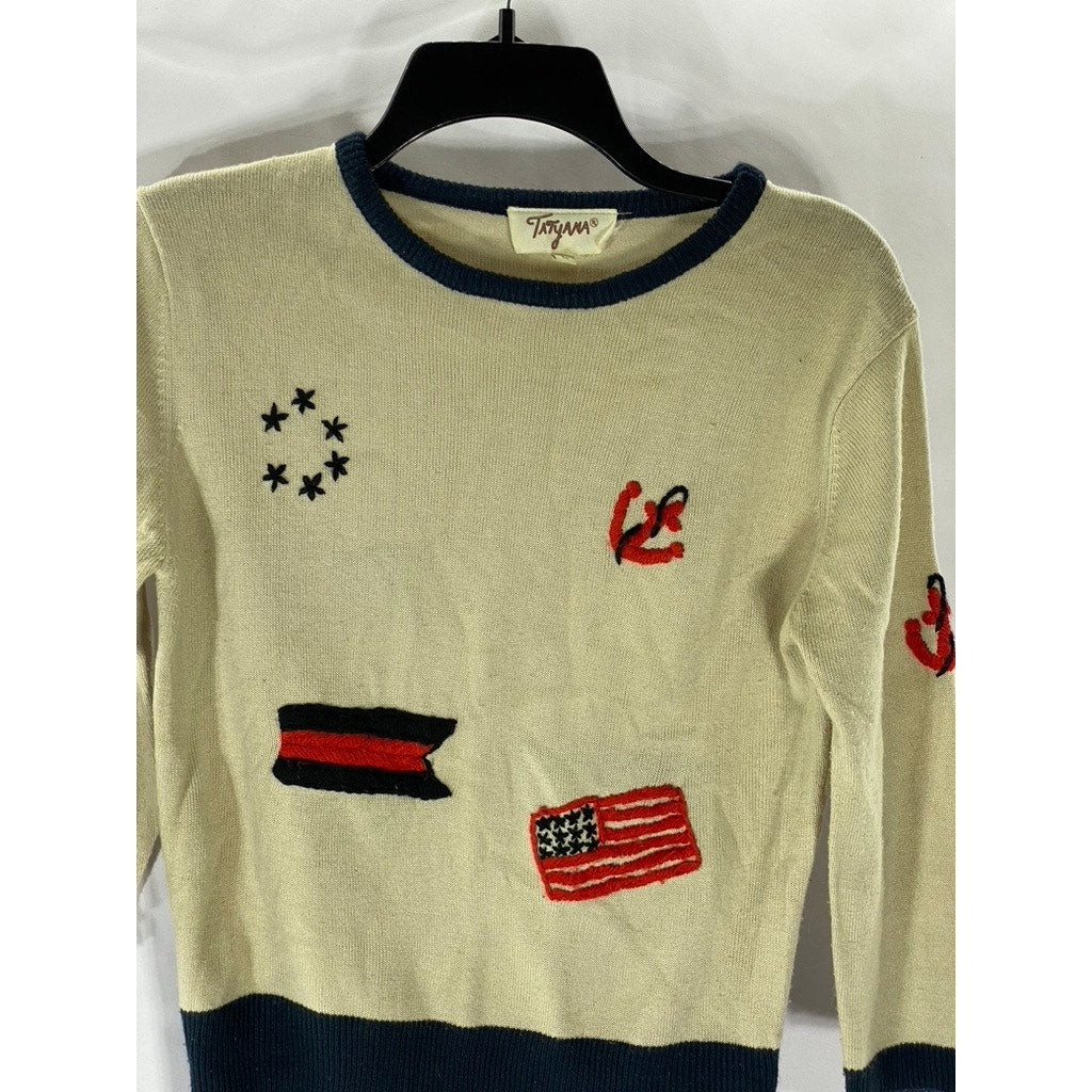 TATYANA Women's Tan-Navy Vintage Patriotic Embroidered Knit 90's Sweater SZ L