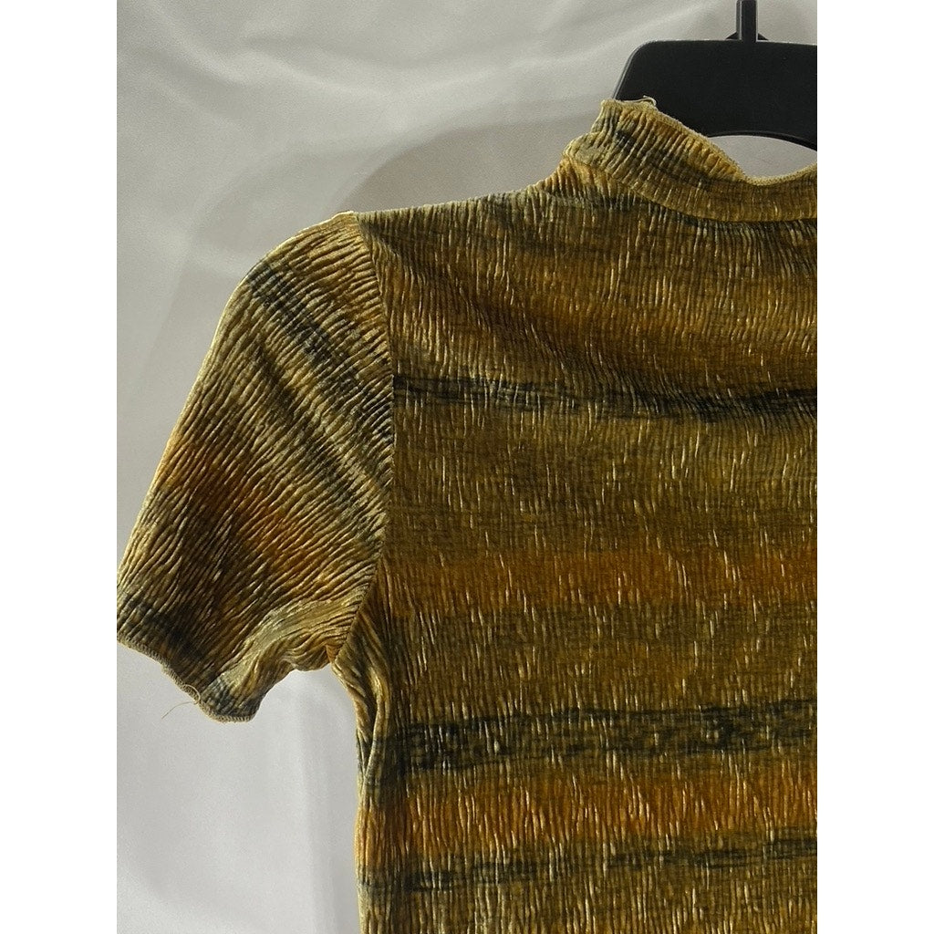 ZARA Women's Brown Printed Crinkle Velvet Mock-Neck Short Sleeve Top SZ S