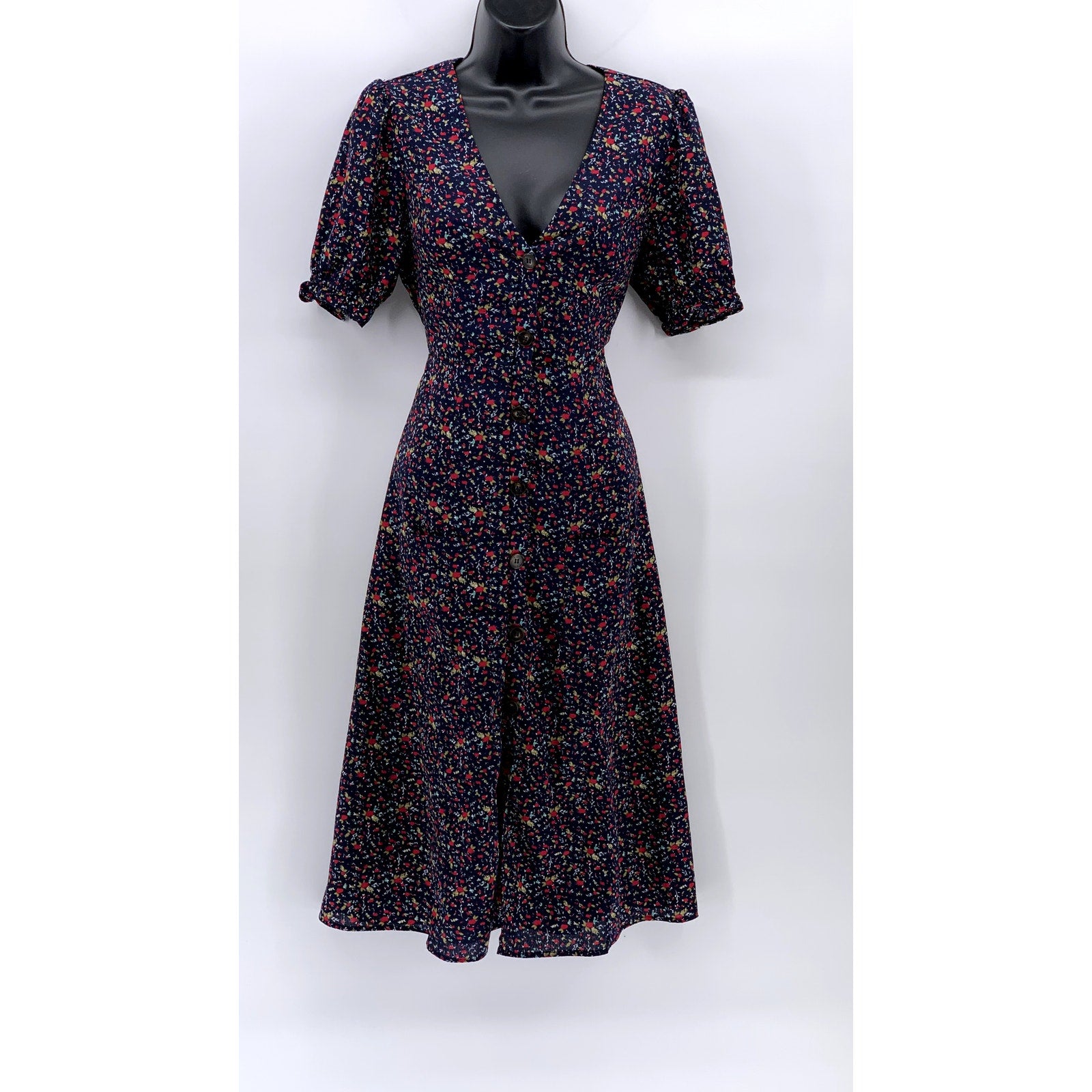 ESSUE Women's Navy Floral Elbow Sleeve V-Neck Tie-Waist A-line Dress SZ S