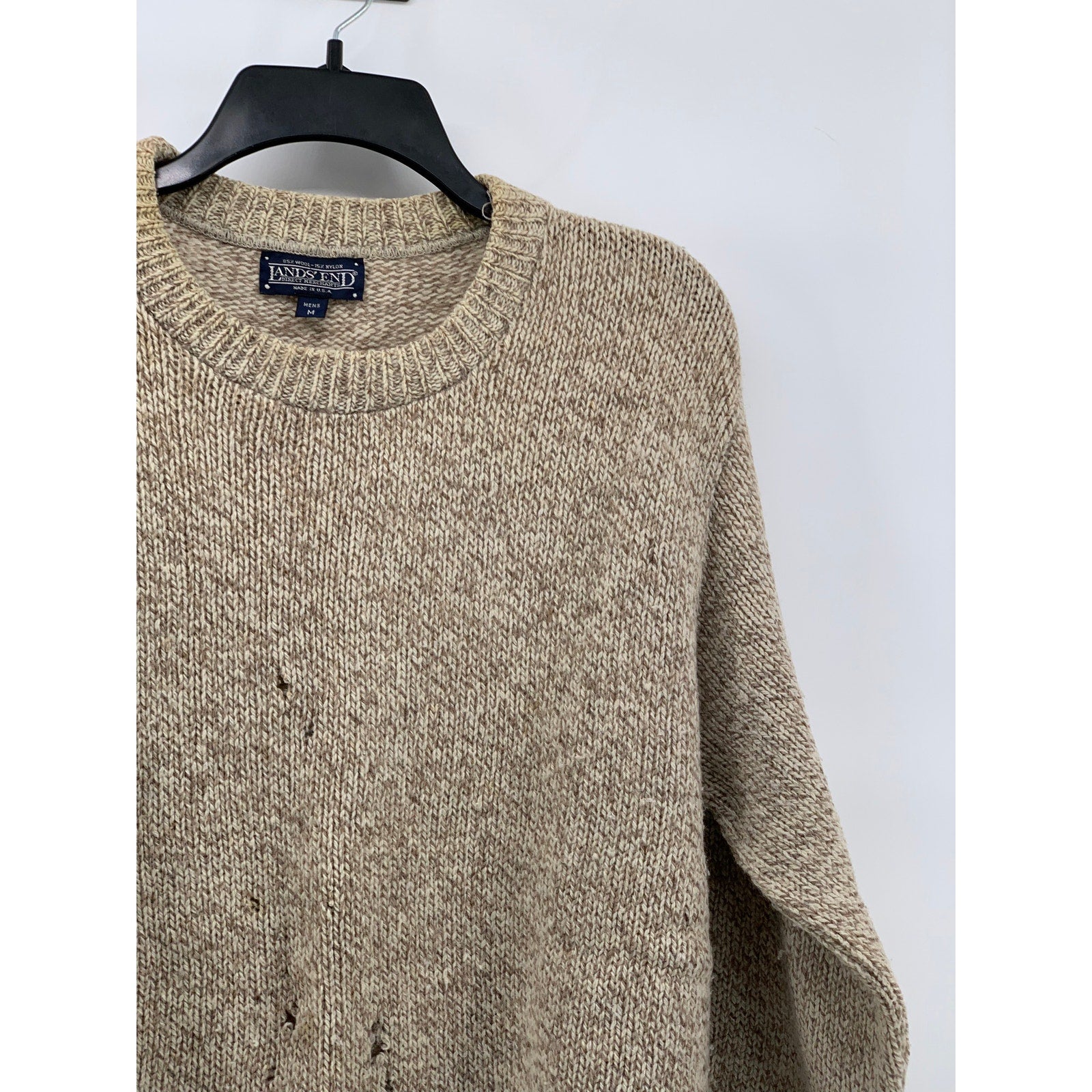 LANDS END Men's Vintage Tan Wool Crewneck Fisherman Knit 90's Sweater SZ M