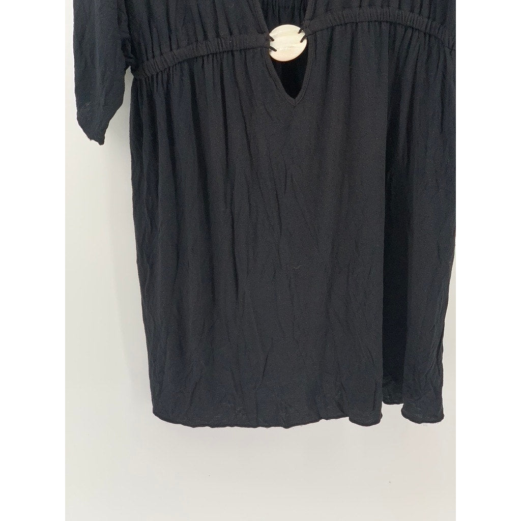 UNBRANDED Women's Black Shell Keyhole Plunging V-Neck Short Sleeve Dress SZ L