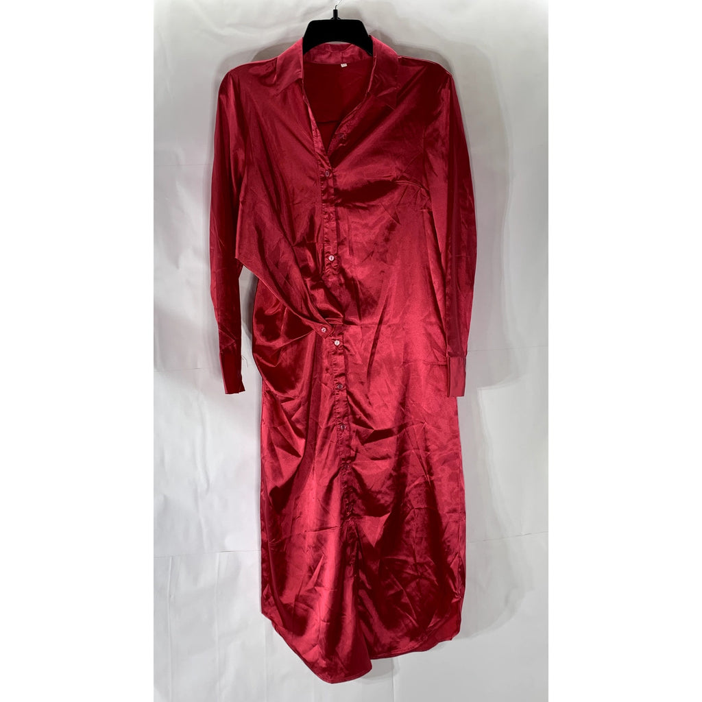 SHEIN Women's Dark Pink Satin Button-Up Long Sleeve Maxi Relaxed-Fit Dress SZ XS
