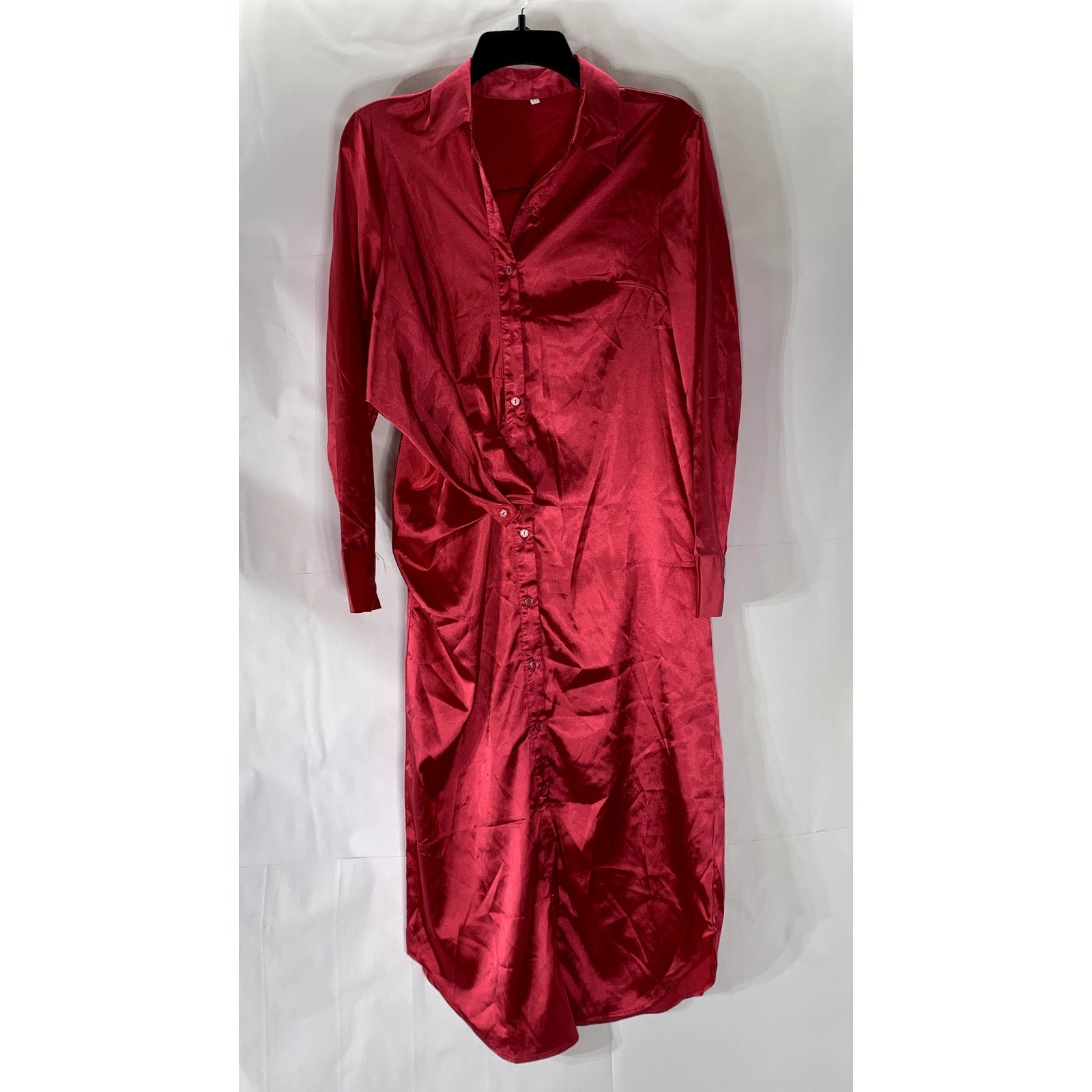 SHEIN Women's Dark Pink Satin Button-Up Long Sleeve Maxi Relaxed-Fit Dress SZ XS