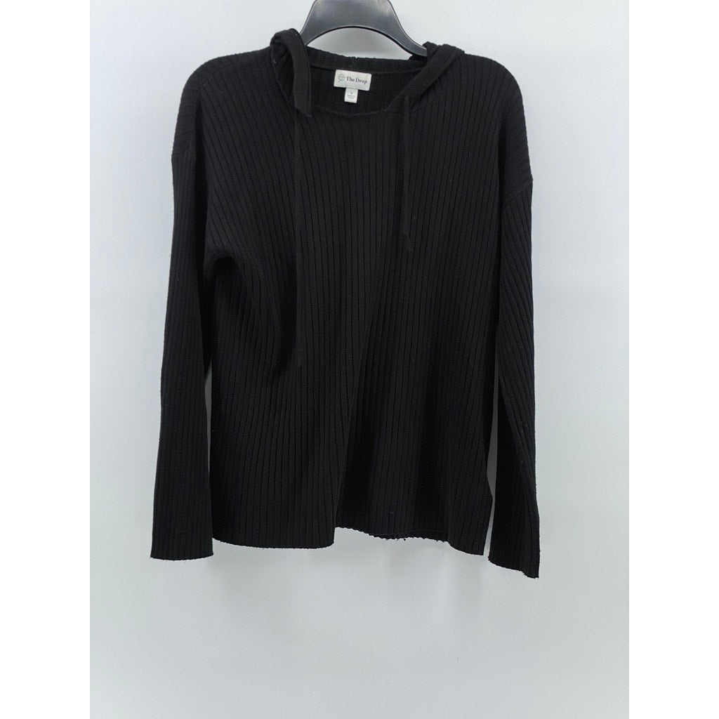 THE DROP Women's Black Wide-Rib Hooded Long Sleeve Pullover Sweater SZ S