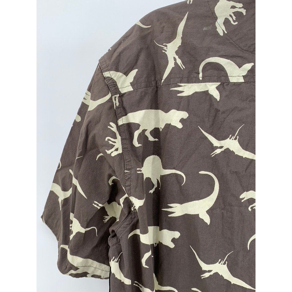 MASSIVE APPAREL Men's Dinosaur Print Brown Button Front Short Sleeve Shirt SZ XL