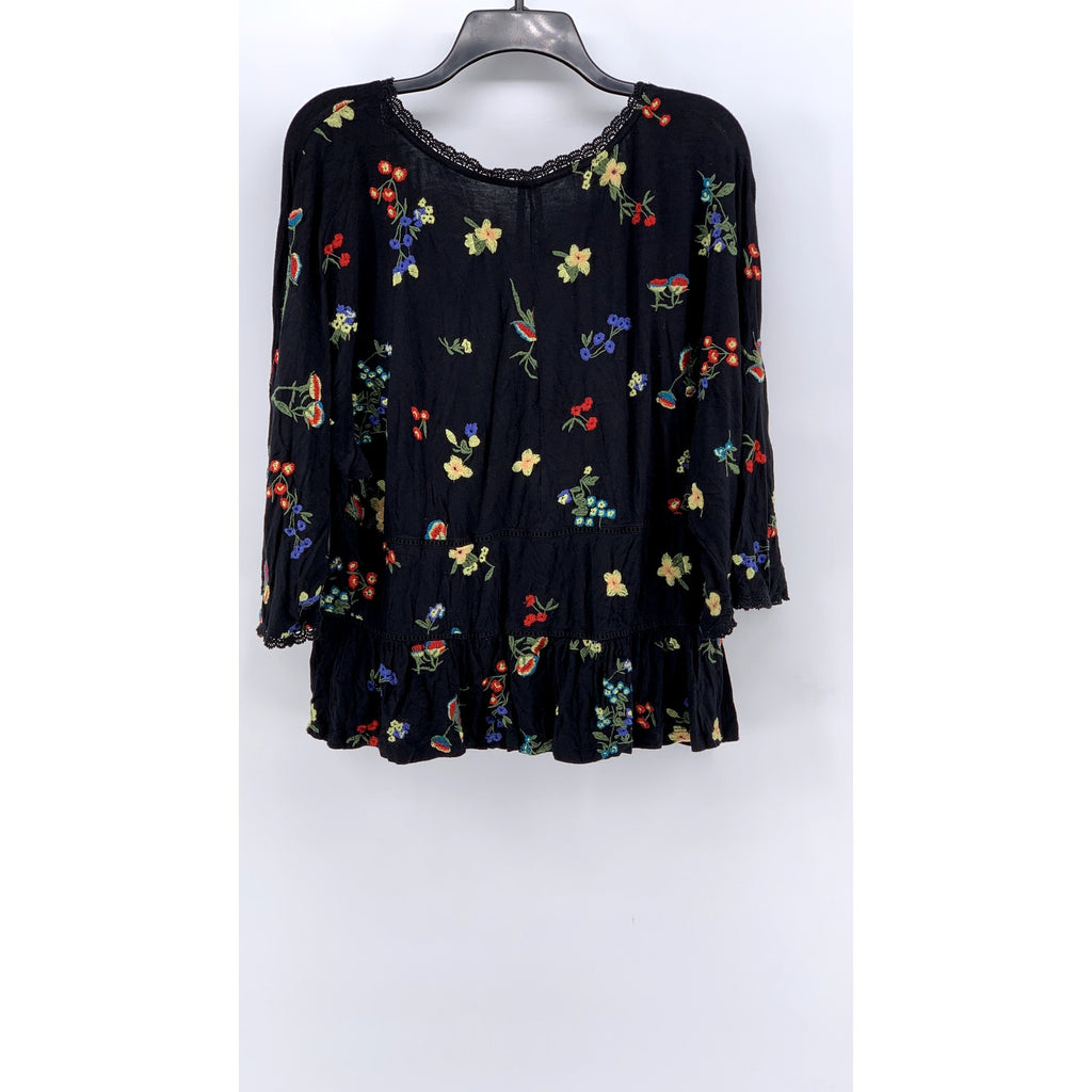 BY ANTHROPOLOGIE Women's Black Floral Lace Trim 3/4 Sleeve Top SZ L