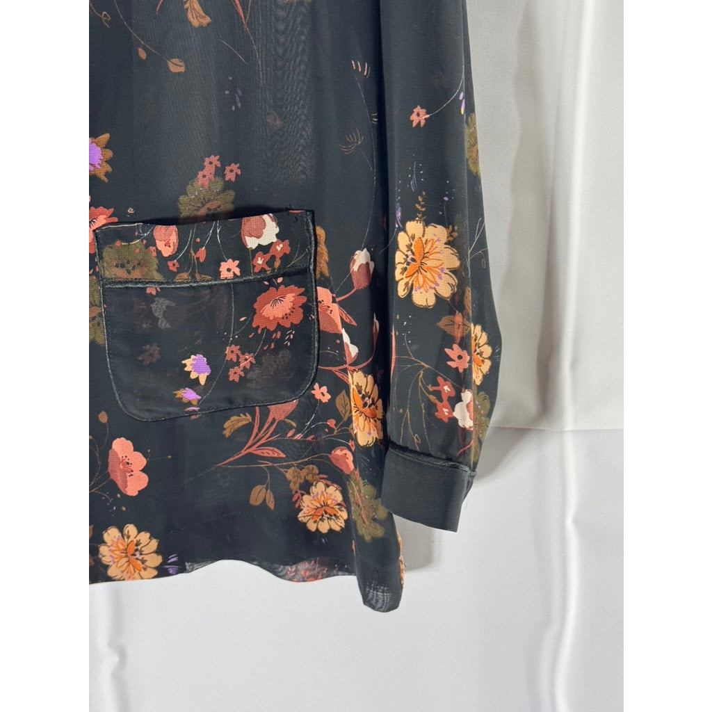 ZARA Women's Black Floral Sheer The Pyjama Long Sleeve Button Front Blouse SZ M