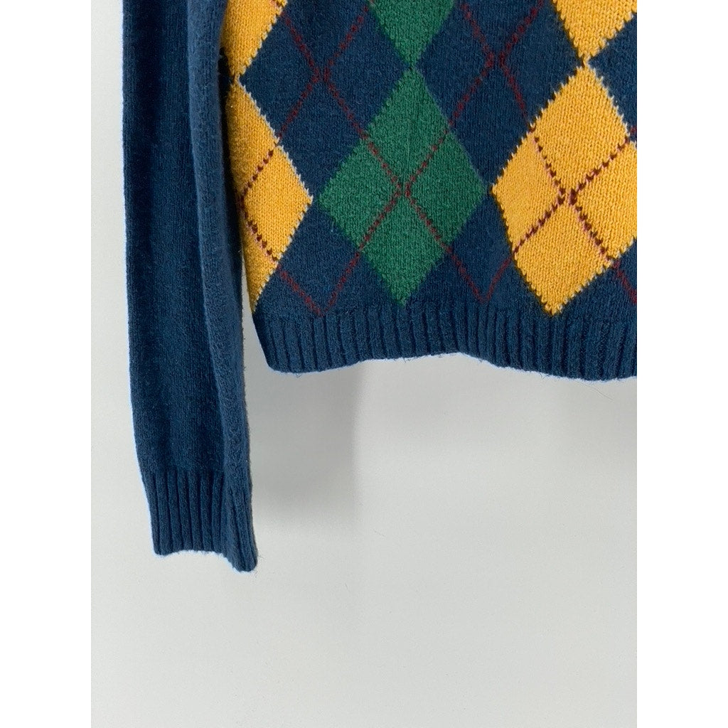 AMERICAN EAGLE Women's Navy-Yellow-Green Argyle Print Sweater SZ M