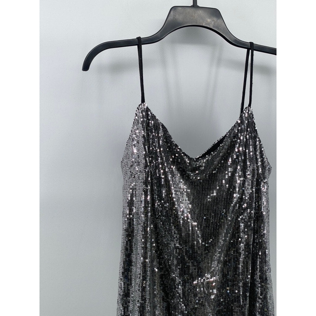 WILD FABLE Women’s Silver Sequin Embellished V-Neck Spaghetti Strap Dress SZ S
