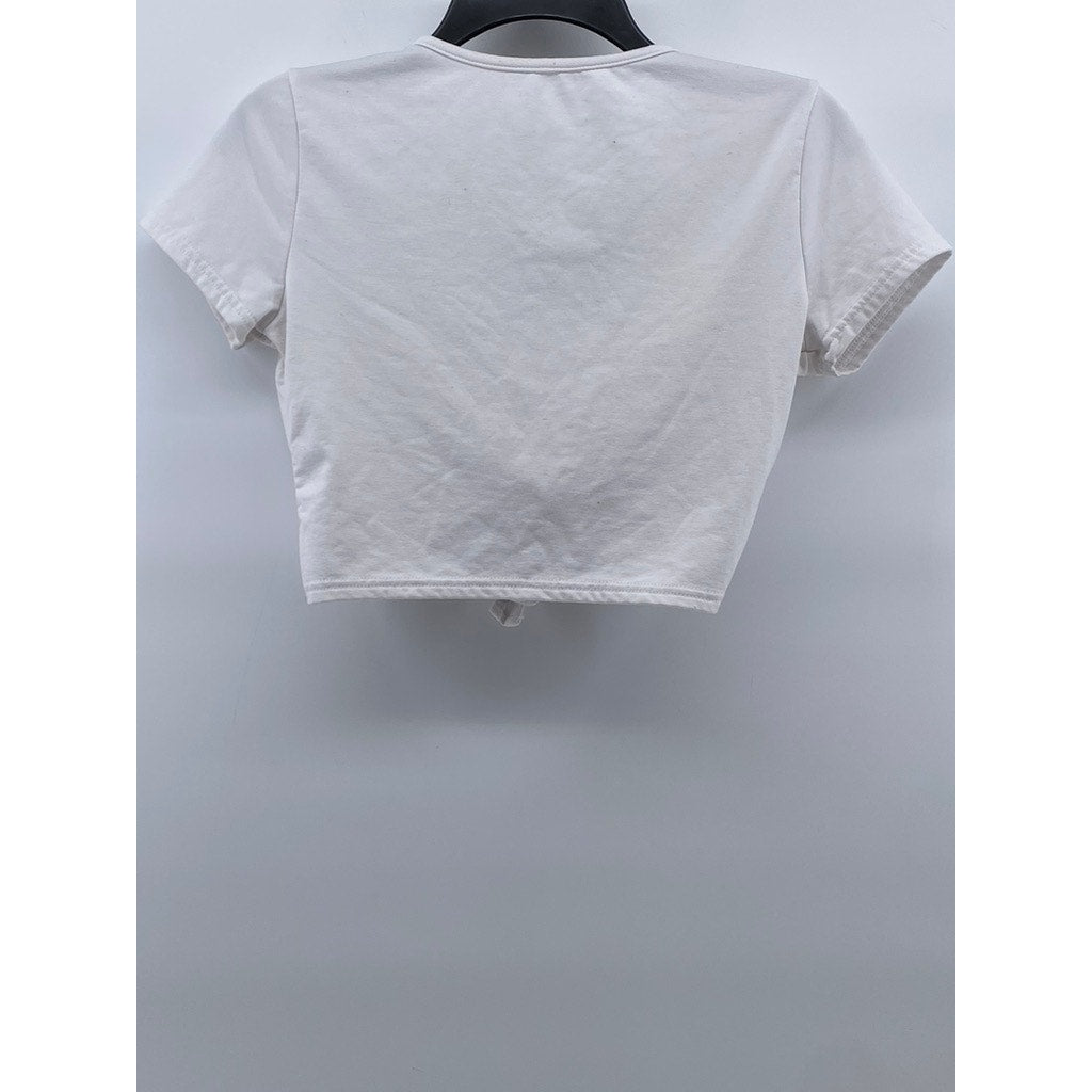 UNBRANDED Women's White Solid V-Neck Short Sleeve Tie-Knot Crop Top SZ S