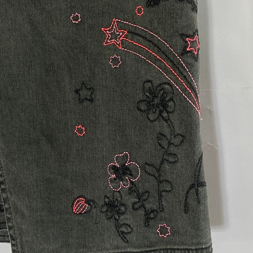 H&M Women's Black Denim Embroidered Star-Flower Mini Wrap Skirt SZ 6