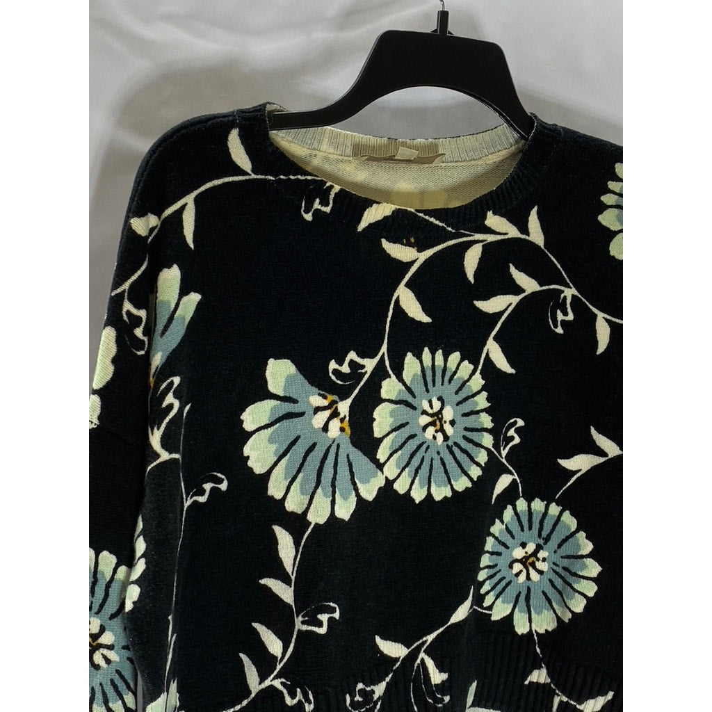 LOFT Women's Black Floral Crewneck Long Sleeve Lightweight Sweater SZ S