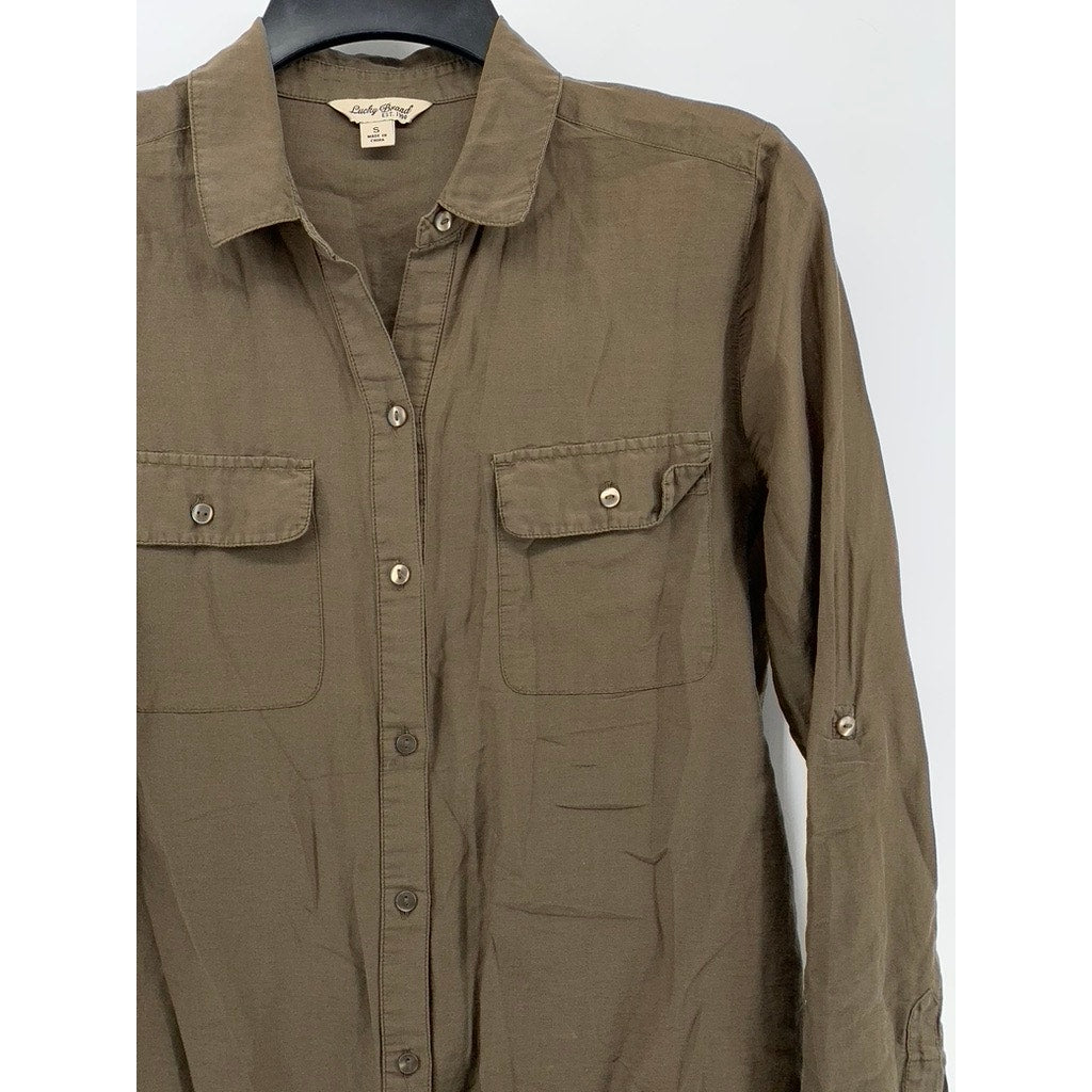 LUCKY BRAND Women's Brown Solid Button-Up Regular-Fit Long Sleeve Top SZ S