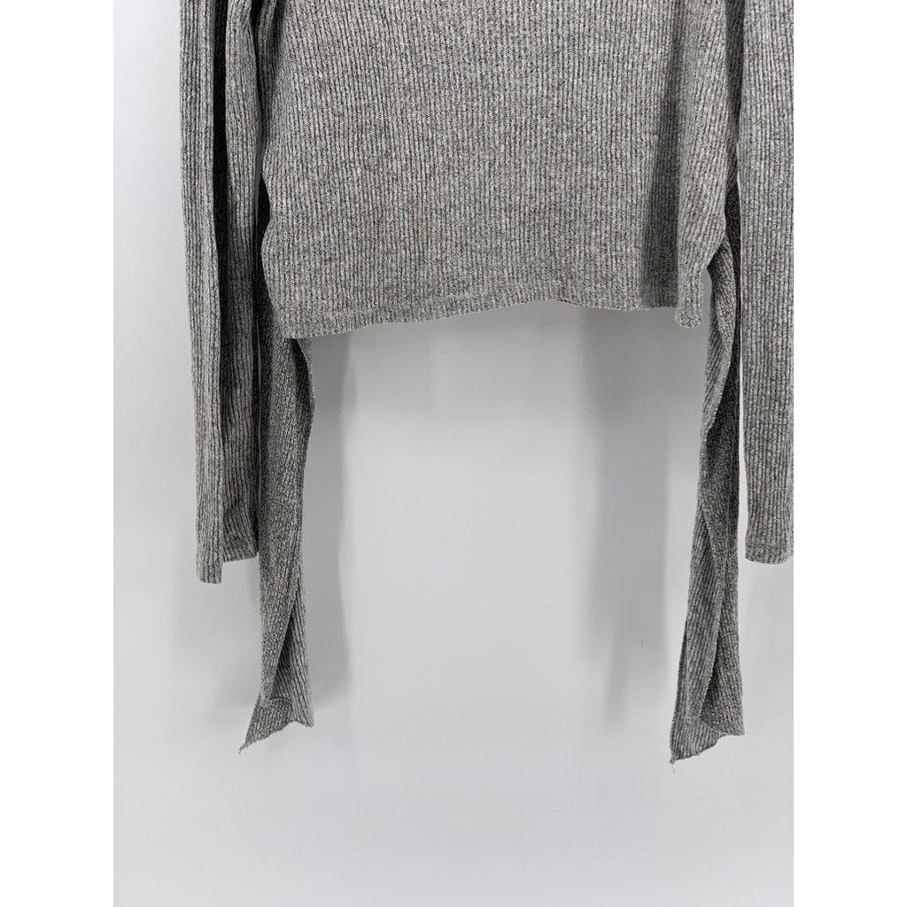 ZARA Women's Light Gray Ribbed Crewneck Long Sleeve Waist Tie Top SZ L