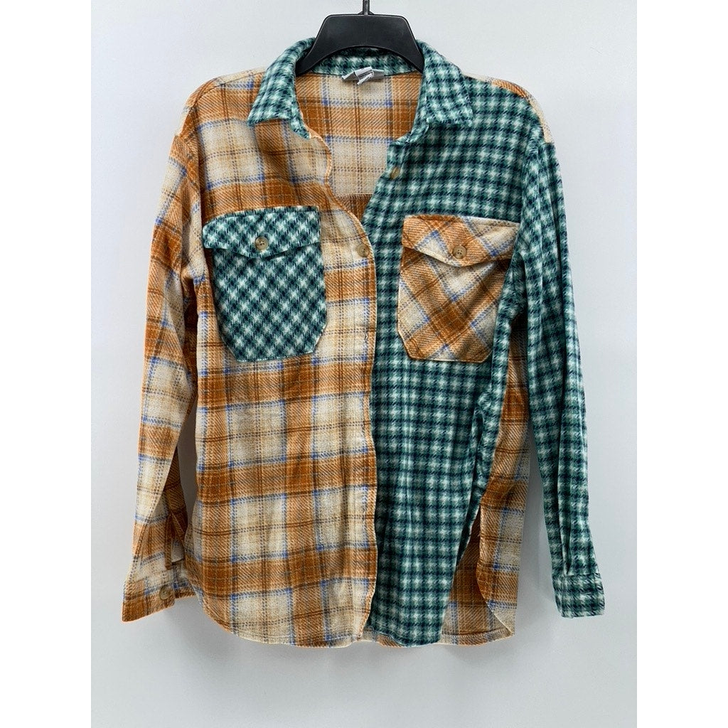 JUST POLLY NEW YORK Women's Brown-Green Plaid Colorblock Button-Up Top SZ M