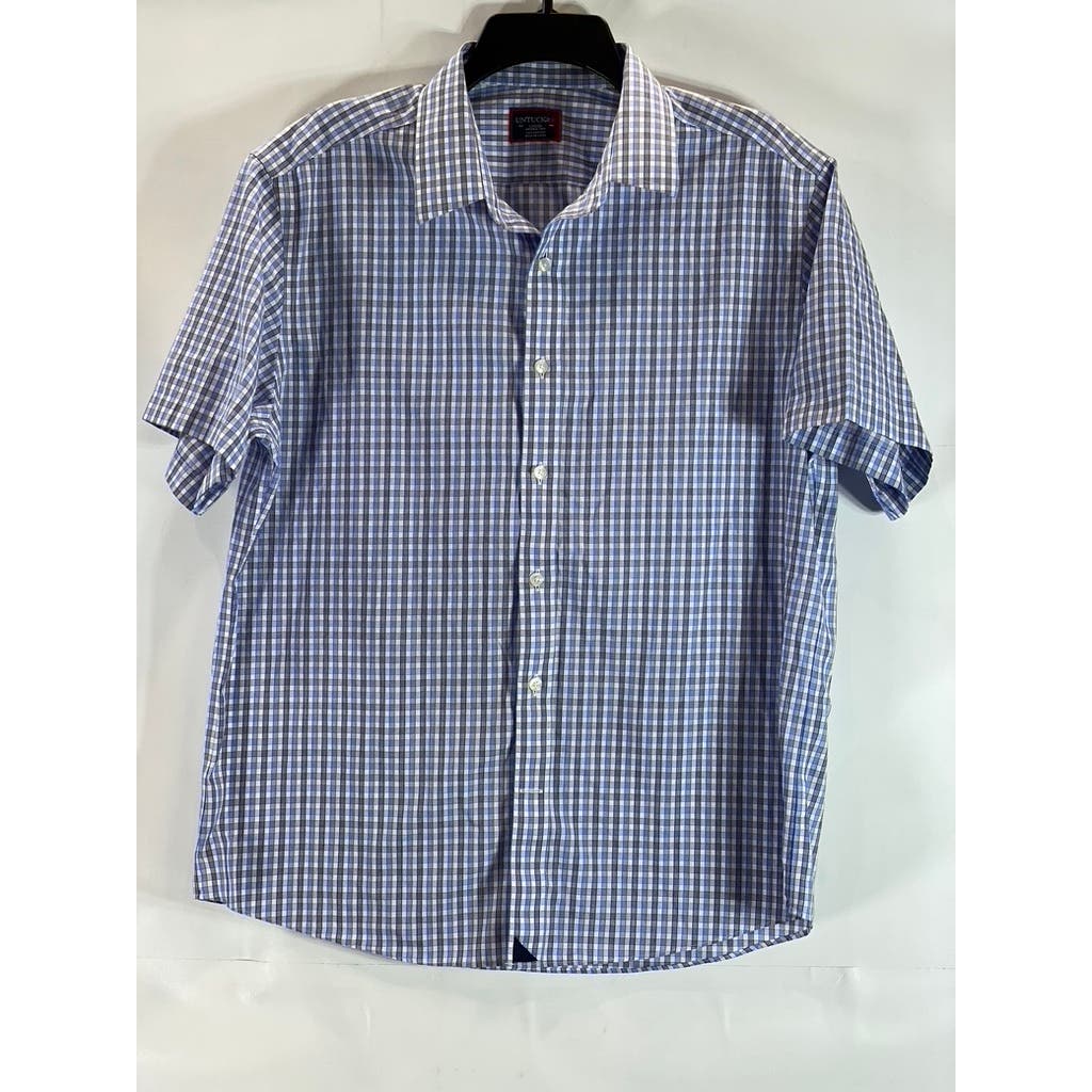 UNTUCKIT Men's Blue Micro Check Wrinkle-Free Short Sleeve Button-Up Shirt SZ L