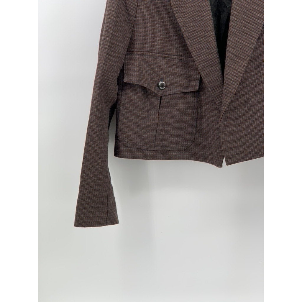 ZARA Women's Brown Gingham Open-Front Long Sleeve Cropped Blazer SZ S