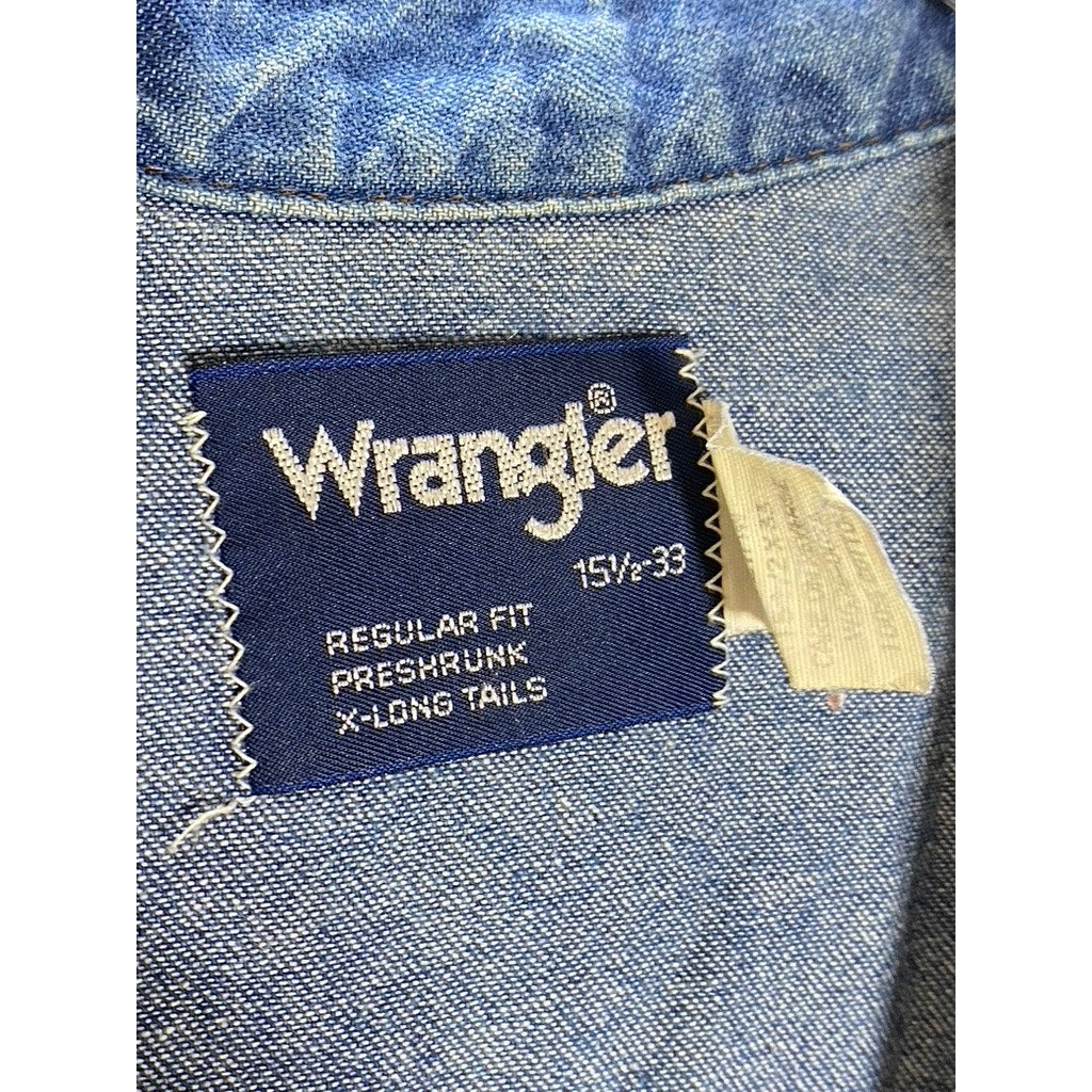 WRANGLER Men's Dark Blue Denim Regular-Fit Distressed Button-Up Shirt SZ 15.5 33