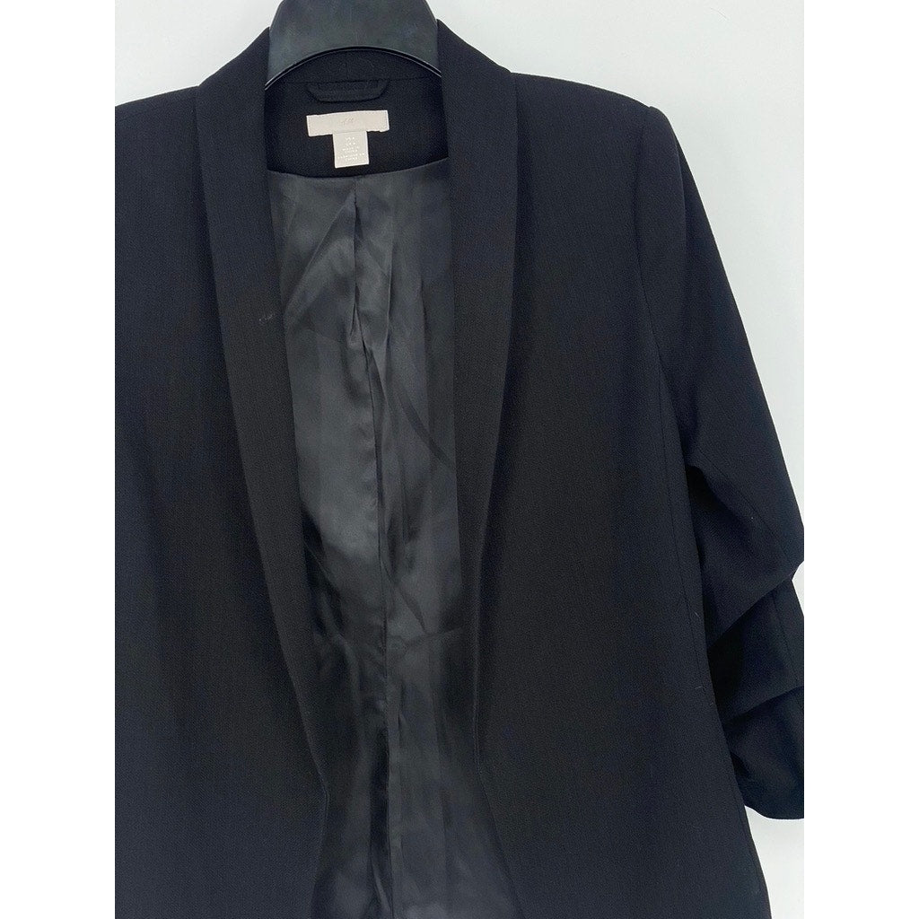 H&M Women's Black Solid Open-Front Long Ruched Sleeve Blazer SZ 6