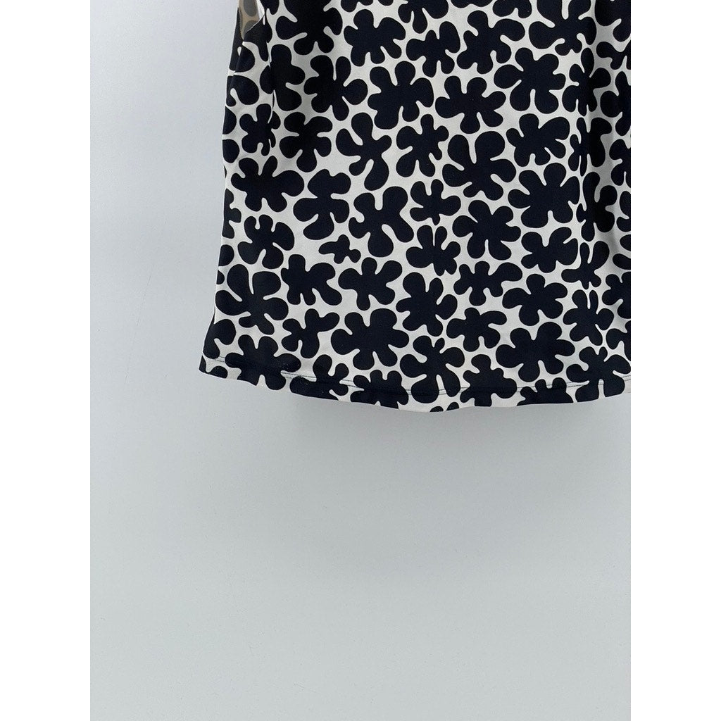 UNBRANDED Women's Black-White Floral Split-Neck Crewneck Sleeveless Top SZ S