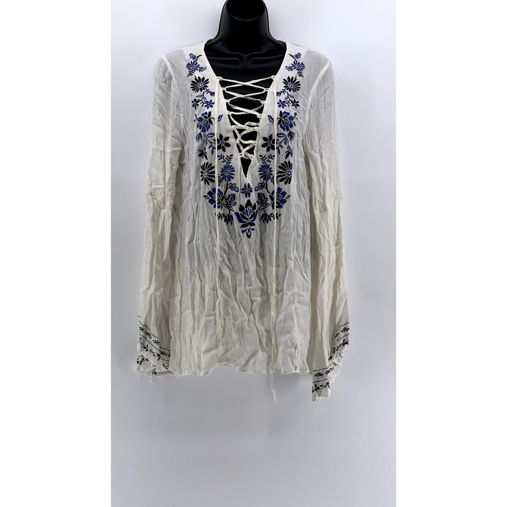 FOREVER 21 Women's White-Navy Embroidered Lace-Up Long Sleeve Dress SZ S