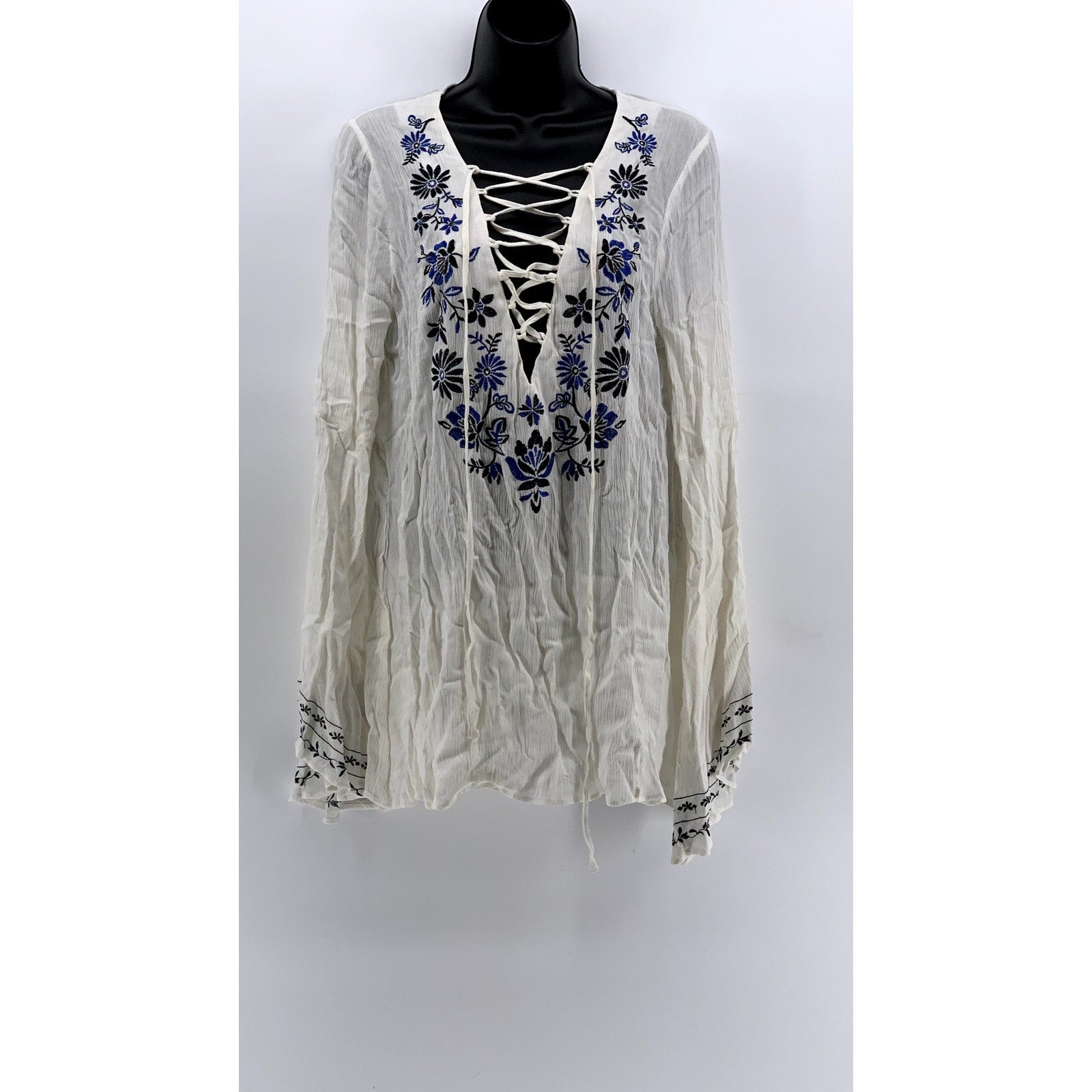 FOREVER 21 Women's White-Navy Embroidered Lace-Up Long Sleeve Dress SZ S