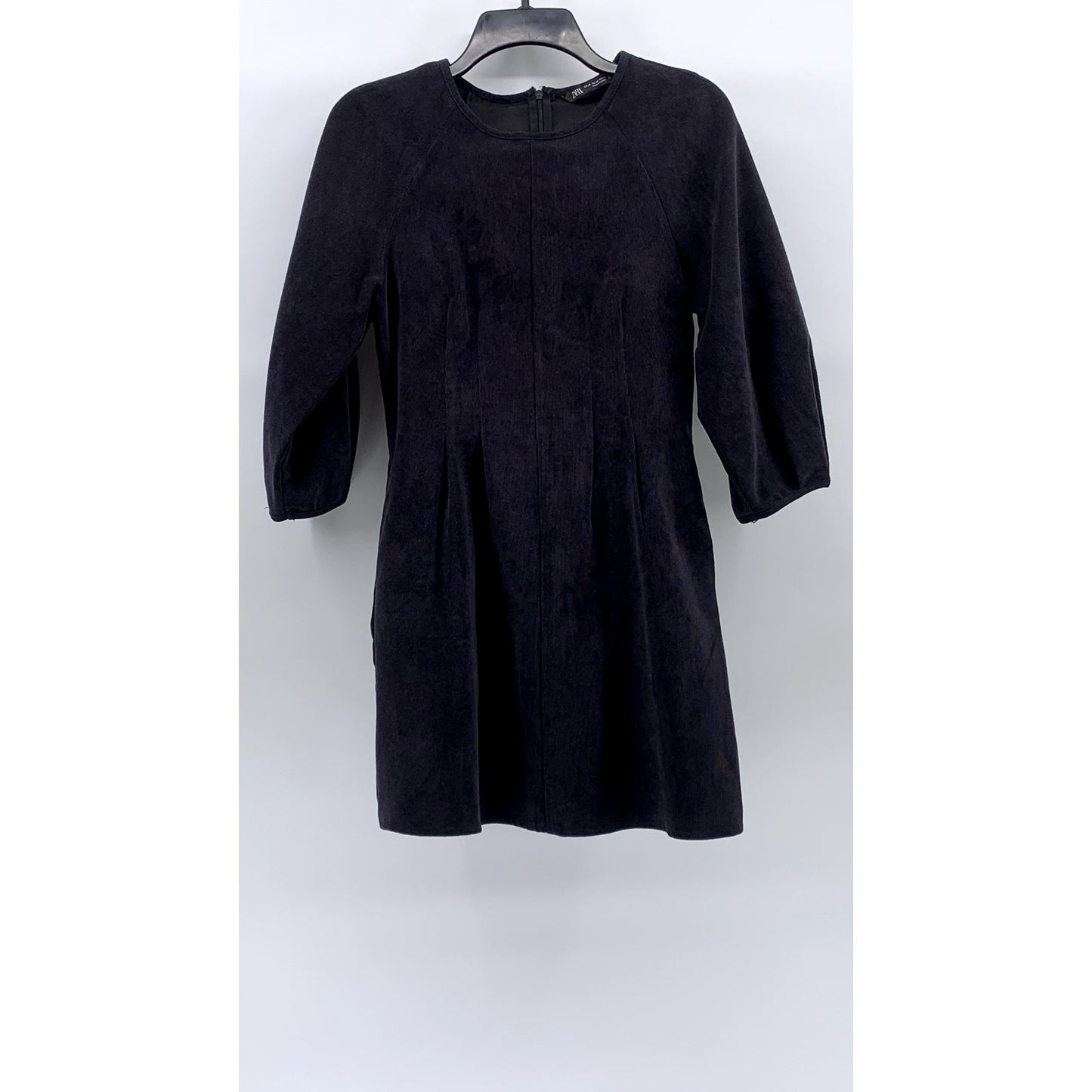 ZARA Women's Navy Blue Crewneck Corduroy Long Sleeve A-Line Mini Dress SZ XS
