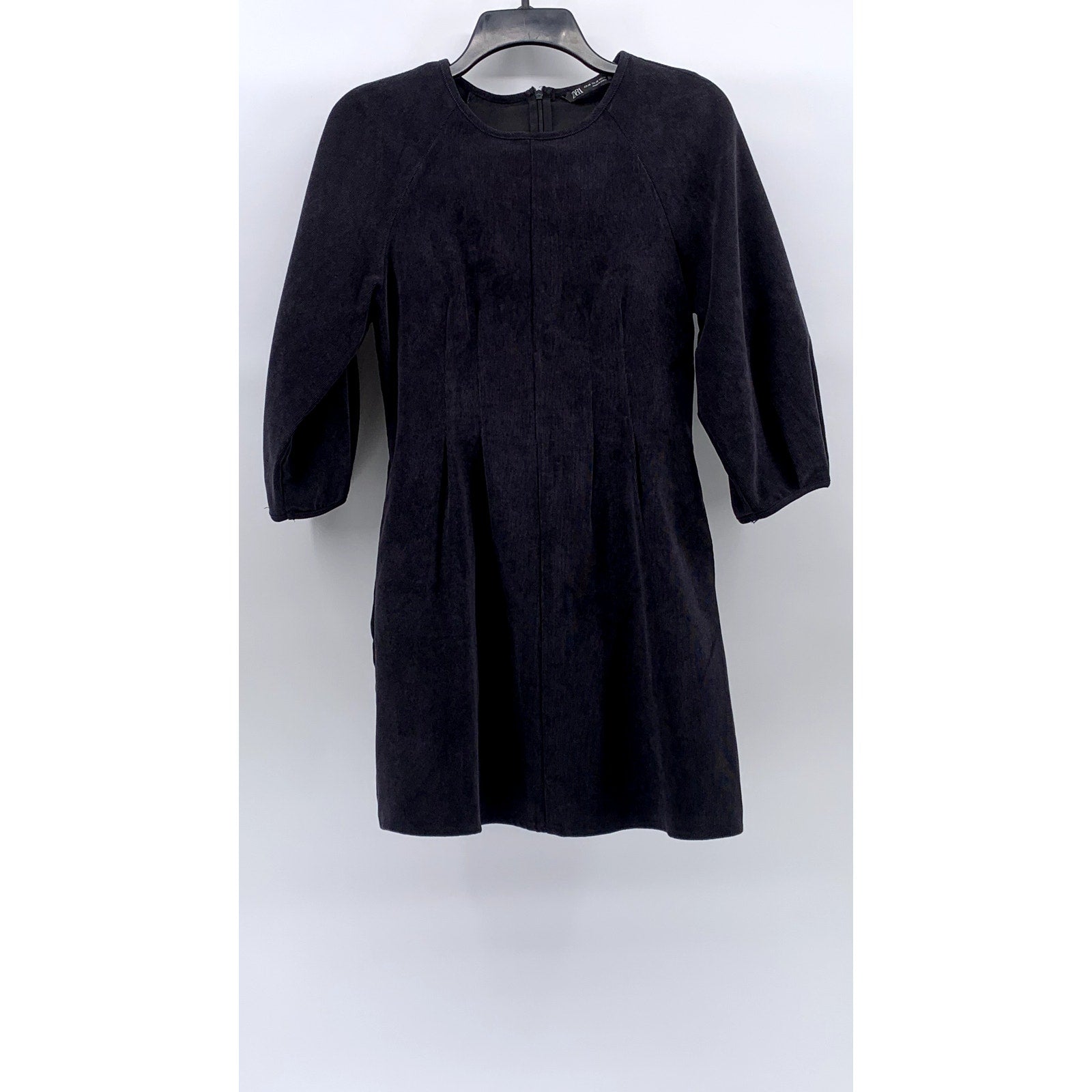 ZARA Women's Navy Blue Crewneck Corduroy Long Sleeve A-Line Mini Dress SZ XS