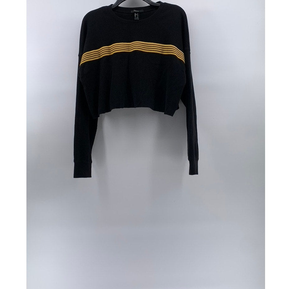FOREVER 21 Women's Black-Yellow Striped Thermal Long Sleeve Cropped Top SZ S