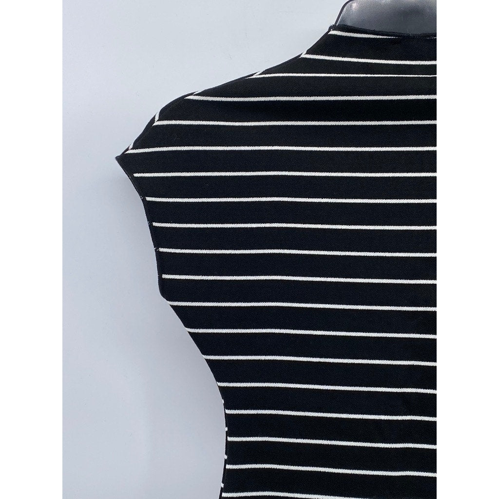 ZARA Women's Black-White Striped High-Neck Knit Short Sleeve Mini Dress SZ S