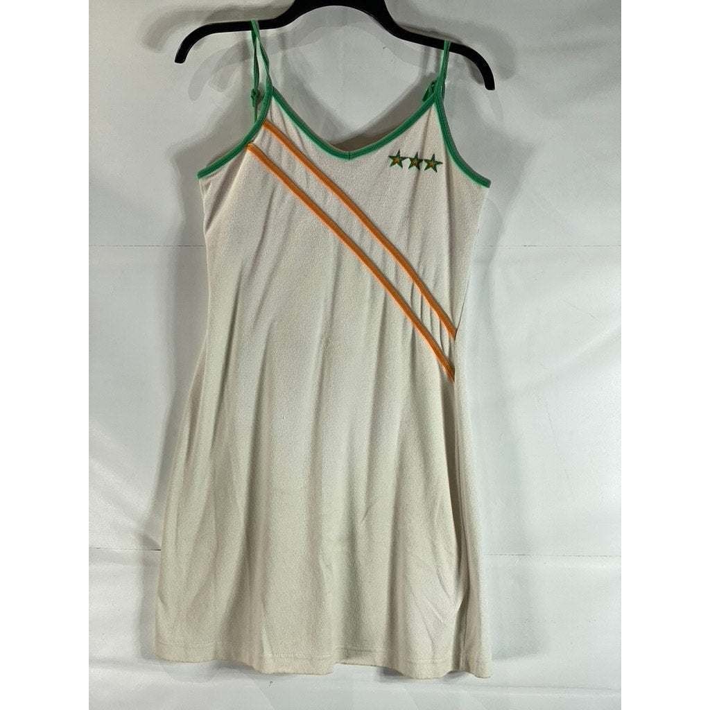 725 ORIGINALS Women's White/Green/Orange Striped V-Neck Vintage Casual Dress SZL