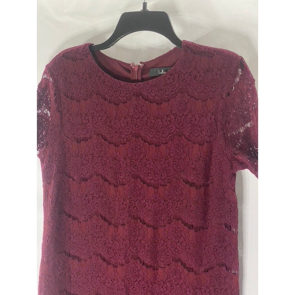 LULUS Women’s Burgundy Crewneck Take Me To Lunch Lace Short Sleeve Dress SZ S