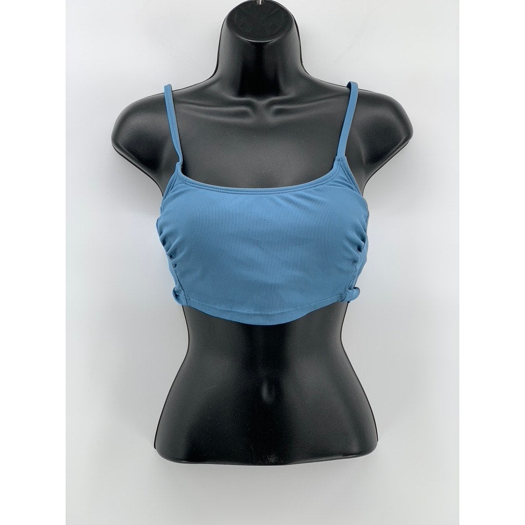SHADE & SHORE Women's Blue Ribbed Scoop-Neck Cropped Swim Top SZ S