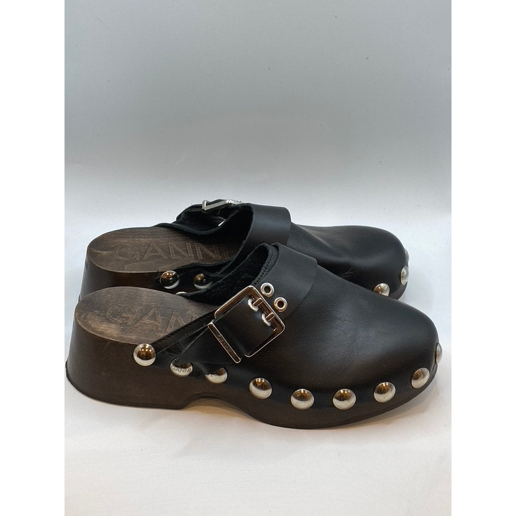 GANNI Women's Black Leather Retro Studded Slip-On Clog SZ 39(US9)